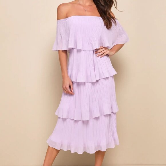 NWT Lulus - Gala Ready Lavender Off-the-Shoulder Ruffle Midi Dress in Lavender - Picture 1 of 4